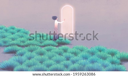 Surreal art, Choice hope dream way and happiness concept art, conceptual illustration, imagination painting, woman alone with magic doors in fantasy landscape
