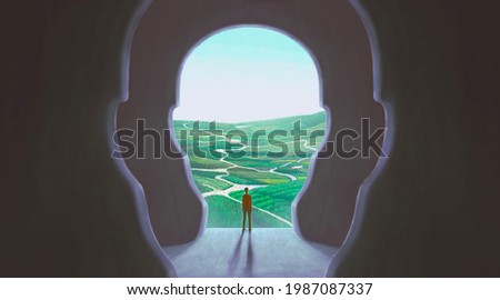 Concept art of nature freedom dream success brain and hope  , conceptual idea artwork, surreal painting man with happiness of landscape nature in a door ,  illustration