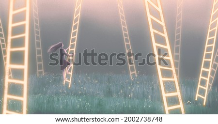 Success choice hope way and freedom concept idea, conceptual painting, surreal 3d illustration, fantasy artwork, a woman with surreal stairs