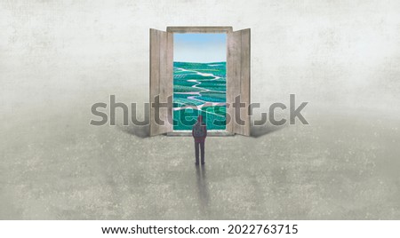 Concept art of nature freedom dream success and hope  , conceptual idea artwork, surreal painting man with happiness of landscape nature in a door ,  3d illustration