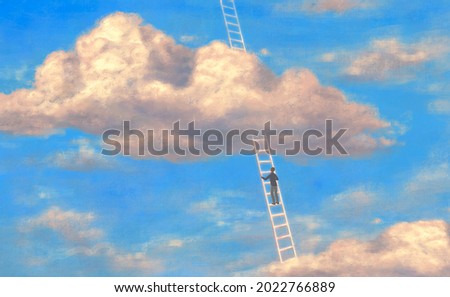 Conceptual art, surreal painting, man with stair in the sky, cloud painting, success hope heaven ambition and dream concept, 3d illustration