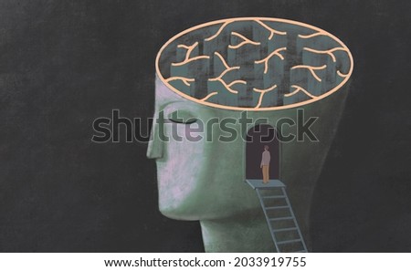 Brain maze, concept idea art, surreal painting, conceptual artwork, 3d illustration