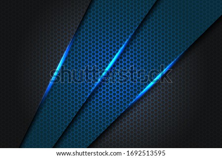 Abstract blue slash triangle metallic on dark grey with hexagon mesh pattern design modern futuristic background texture vector illustration.