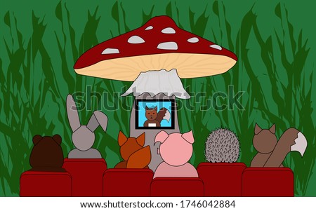 Forest cinema. Forest animals, a hare, a hedgehog, a squirrel, a fox, a bear, a wild boar are watching the news on a mushroom mushroom on TV. Funny illustration watching tv and news