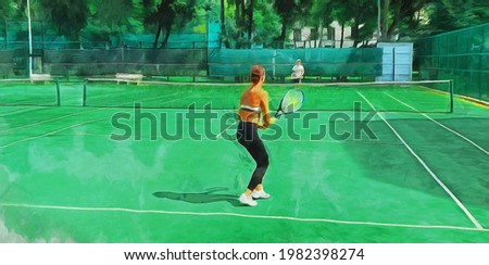 The girl plays tennis on the court. Artistic work on the theme of sports and recreation