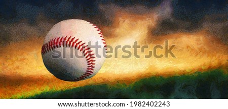 Baseball ball in the air. Evening sunset. Wide panoramic view. Artistic work