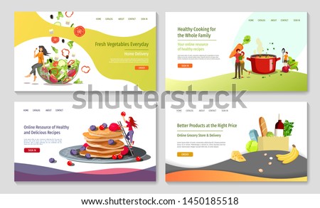 Set of web page design templates for Healthy cooking, recipes, fresh vegetables, grocery store or market . Vector illustration in a flat style can be used for poster, banner, website, presentation.