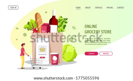 Young man with trolley, groceries and smartphone. Grocery store, Online Market, Home delivery, Shopping concept. Vector illustration for poster, banner, website, commercial.
