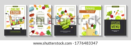 Set of flyers with groceries. Grocery store, Shopping, Supermarket, Fresh food, Home delivery, Ordering, Sale concept. A4 vector illustration for poster, banner, flyer, advertising, promo, commercial.