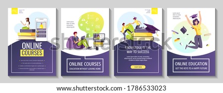 Set of flyers for Studying, training, education, e-learning, courses, university, graduating. People studying at home, graduate caps and books. A4 vector illustration for poster, banner, advertising.