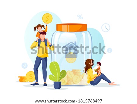 Large piggy bank in the form of a jar with coins inside and young family. Money saving or accumulating, Financial services, Home deposit concept. Isolated vector illustration.