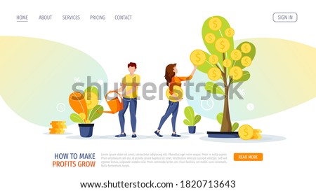 Growing tree with coins. Woman picking cash and man watering the money plant. Profit, income, making money, financial success, investment concept. Vector illustration for banner, poster, website.