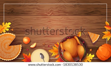 Baked turkey, autumn leaves, pumpkin pie, apples and plates on the wooden background. Thanksgiving Day, festive dinner concept. Vector illustration for postcard, banner, card, poster, background.