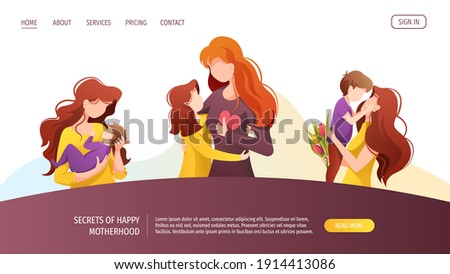 Web page with moms with their children of different ages. Motherhood, Parenthood, Childhood, Mother's Day, Happy family concept. Vector illustration for website, poster, banner.