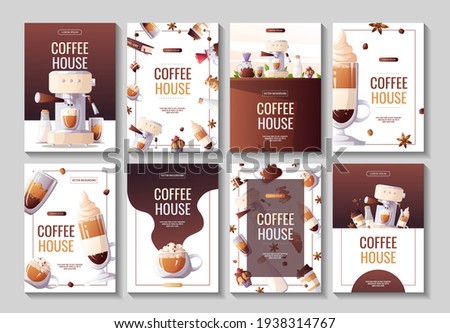 Set of a4 flyters for Coffee shop, Coffee house, cafe-bar, barista, drink. Vector illustration for poster, banner, flyer, advertising, commercial, promo, menu. 