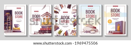 Set of flyers for bookstore, bookshop, library, book lover, e-book, education. A4 vector illustration for poster, banner, advertising, cover. Сток-фото © 