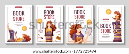 Set of banners with reading women and books. Bookstore, bookshop, library, book lover, bibliophile, education concept. A4 vector illustration for poster, banner, flyer, card, cover, advertising.