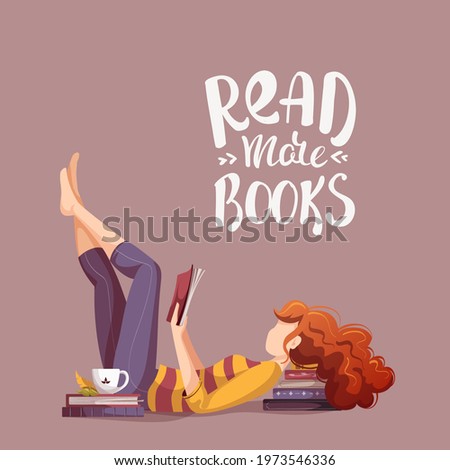 Cards with woman reading books and quote. Bookstore, bookshop, library, book lover, bibliophile, education concept. Square vector illustration for poster, banner, card, postcard.