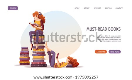 Young women reading books. Bookstore, bookshop, library, book lover, bibliophile, education concept. Vector illustration for poster, banner, website, advertising.