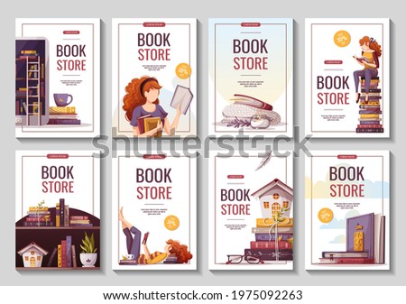 Set of banners with reading women and books. Bookstore, bookshop, library, book lover, bibliophile, education concept. A4 vector illustration for poster, banner, flyer, card, cover, advertising.