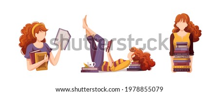 Women with books. Bookstore, bookshop, library, book lover, reading, education concept. Isolated vector illustration for poster, banner, website.