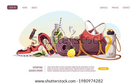 Healthy lifestyle, natural food, motivation, sport equipment, fitness, training, sportswear, sporting goods store, workout concept. Vector illustration for poster, banner, website, advertising.