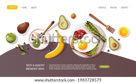 Yoast with omelet, yogurt with fruits, avocado, asparagus. Healthy eating, nutrition, diet, cooking, breakfast menu, fresh food concept. Vector illustration for banner, website, poster.