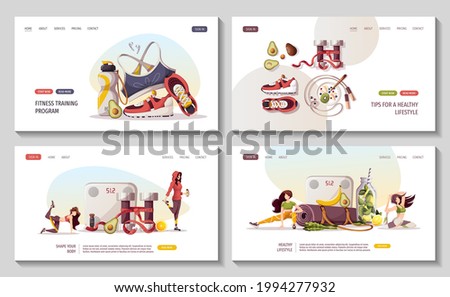 Set of web pages with women doing fitness training. Sport, Workout, Healthy lifestyle, Gym, Fitness, Training, Yoga, natural food concept. Vector illustration for poster, banner, advertising, website.