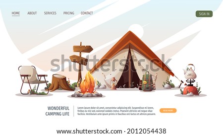 Campsite with tent, campfire, backpack, gas-burner, tourist chair, signpost. Camping, traveling, trip, hiking, camper, nature, journey concept. Vector illustration for poster, banner, website.