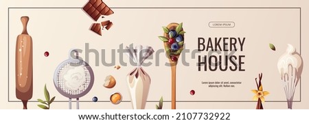 Banner with Flour sieve, whisk, wooden spoon, piping bag, rolling pin. Baking, bakery shop, cooking, sweet products, dessert, pastry concept. Vector illustration for poster, banner,  advertising.