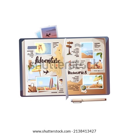 Travel journal with photos. Travel, tourism, adventure, journey, photography, memories concept. Isolated vector illustration for banner, poster, cover, advertising.