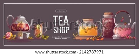 Teapots with sea buckthorn, flower and fruit tea, jars. Tea shop, break, cafe-bar, tea lover, tea party, beverages concept. Vector illustration for poster, banner, flyer, cover, menu, advertising. 