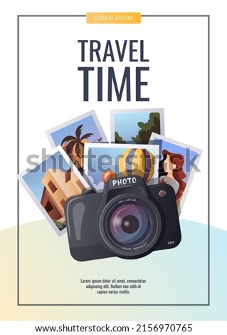 Flyer design with Camera and travel photos. Travel, tourism, adventure, journey, photography, memories concept. A4 vector illustration for banner, poster, cover, advertising.