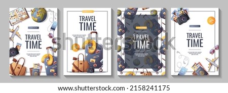 Set of flyers for travel, tourism, adventure, journey. Suitcase, airplane and globe, camera, travel bag, travel journal, passport and tickets. A4 vector illustration, flyer, cover, banner template.