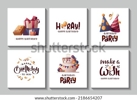 Set of Birthday cards with cake, caps and gift boxes. Handwritten lettering. Birthday party, celebration, congratulations, invitation concept. Square vector illustration. Postcard, card, cover.