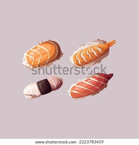 Variety of Sushi. Japanese food, healthy eating, cooking, menu, nutrition concept. Vector illustration. 