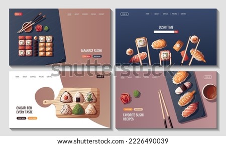 Set of web pages with mix of sushi and sushi rolls, onigiri. Japanese food, healthy eating, cooking, menu, nutrition concept. Vector illustration. Banner, website, advertising. 