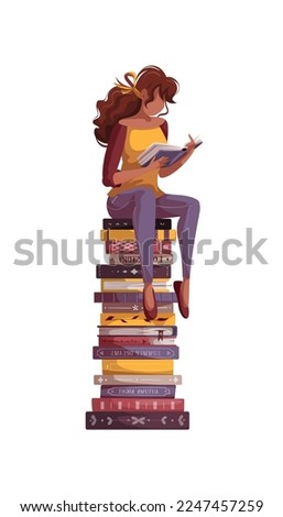 Woman sitting on the stack of books and reading. Bookstore, bookshop, library, book lover, bibliophile, education concept. Isolated vector illustration.