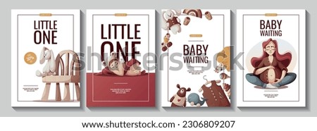 Set of flyers with pregnant woman, newborn baby girl, toys. Motherhood, Pregnancy, baby waiting, baby shower, childbirth concept. Vector Illustration for poster, banner, flyer, advertising.