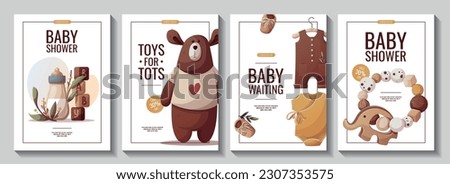 Set of flyers with teddy bear, baby bodysuit, baby bottle. Children's toys, kid's shop, childhood, baby shower concept. Vector illustrations for poster, banner, sale.