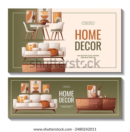 Set of banners with cozy sofa, armchair, dining table, chest of  drawers, interior decor. Vector illustration for banner, promo, advertising.