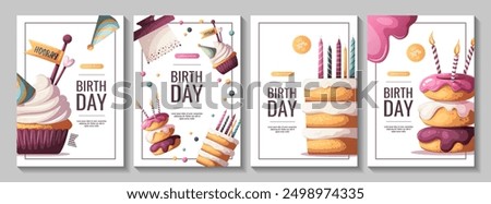 Birthday flyers with cakes, cupcake, birthday donuts.  Birthday party, celebration, congratulations, invitation concept. Vector illustration.