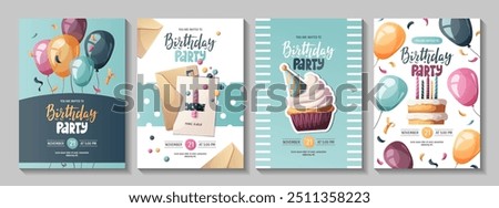 Birthday invitation set with cakes, cupcake, and balloons. Birthday party, celebration, congratulations, invitation concept. Vector illustration.