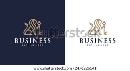 Royal Lion Key Logo Design Illustration. Silhouette of a Royal Lion Holding a Key. Elegant Gold Property Key Symbol. Elegant Gold Leo Line Icon. Luxurious Vintage Royal Coat of Arms.