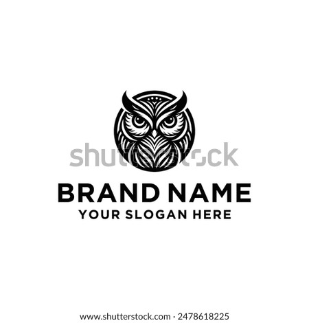 Wise Owl Logo Design. Wise Owl Vector Illustration on Black and White Background. Icon Emblem for Company Branding. Tattoo Art Style. Symbol of Wisdom and Knowledge.