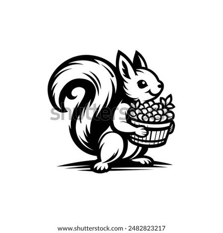 Squirrel Cartoon Logo Vector. Illustration of Squirrel Holding Nuts and Grains. Black Color Isolated White Background.	