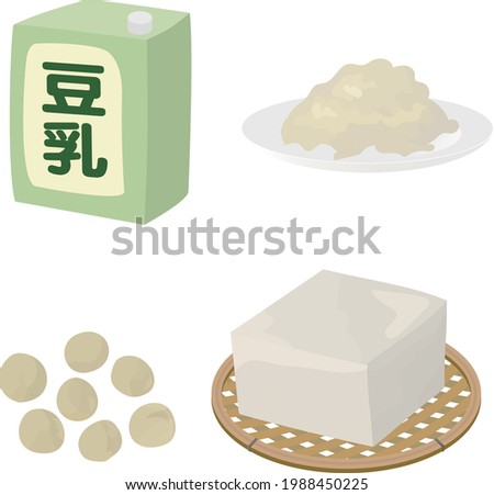 Vector illustration of tofu, soybeans, soy milk, and okara.