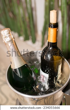 champagne and wine are cooled in a bucket of ice
