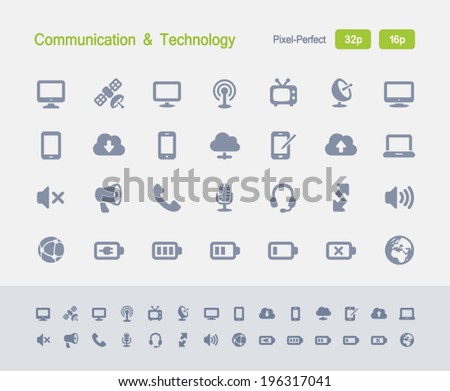 Communication & Technology Icons. Granite Icon Series. Simple glyph stile icons optimized for two sizes.