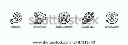 Financial Planning Banner Web Icon Vector Illustration Concept With Icon Of Liabilities, Interest Rate, Asset Allocation, Savings Goal, Sustainability